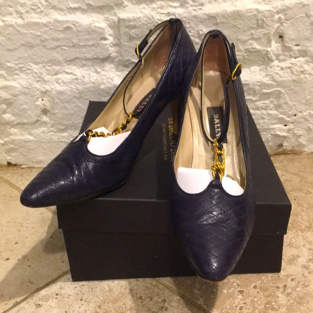 Bally "Brandi" T-Strap Navy Quilted Heels